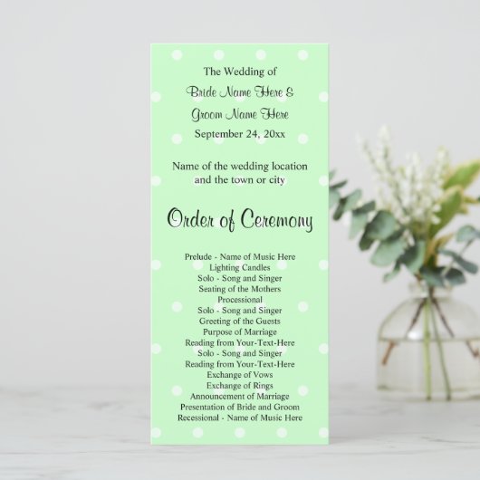 Mint Green Polka dot patroon. Trouwprogramma Programmakaart (Staand voorkant)