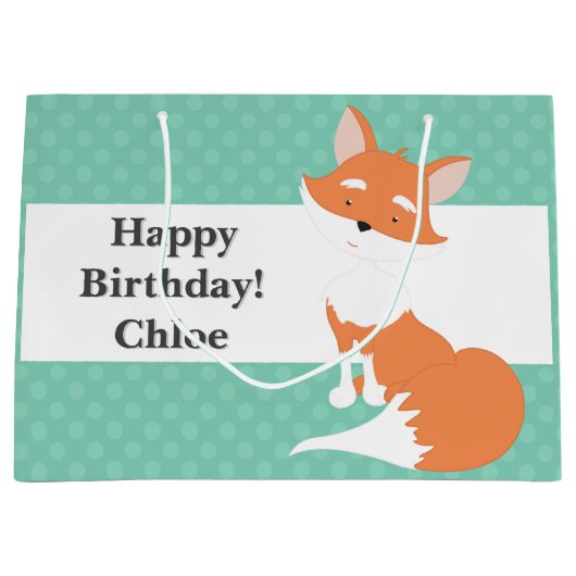Mint Green Polka-Stippen・Woodland Fox・Custom Large Cadeautasje (Voorkant)