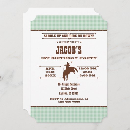 Mint Green Pset Cowboy Rodeo Birthday Uitnodiging (Voorkant / Achterkant)