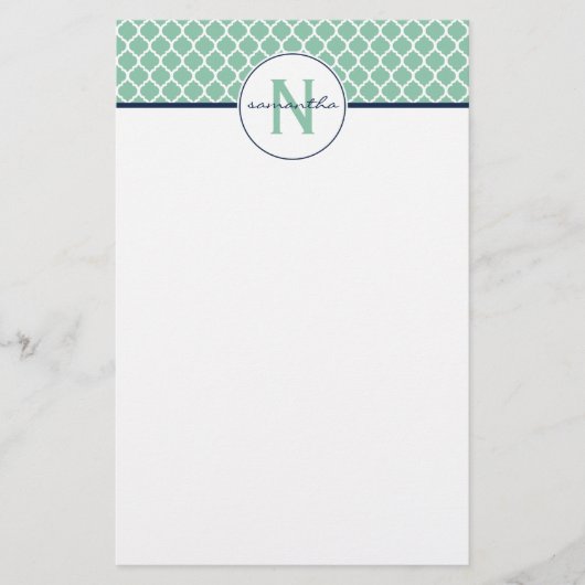 Mint Green Quatrefoil Monogram Briefpapier (Voorkant)