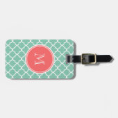 Mint Green Quatrefoil Pattern, Coral Monogram Bagagelabel (Voorkant horizontaal)