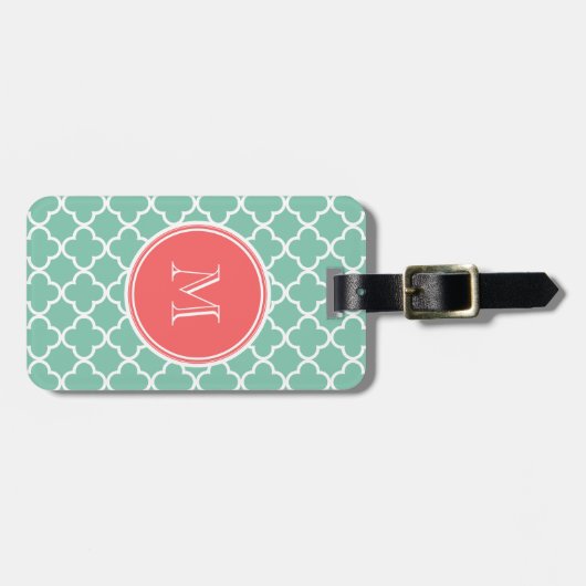 Mint Green Quatrefoil Pattern, Coral Monogram Bagagelabel (Voorkant horizontaal)