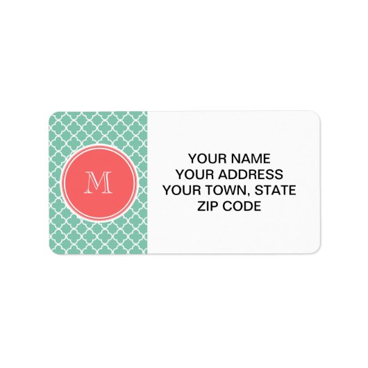 Mint Green Quatrefoil Pattern, Coral Monogram Etiket (Voorkant)