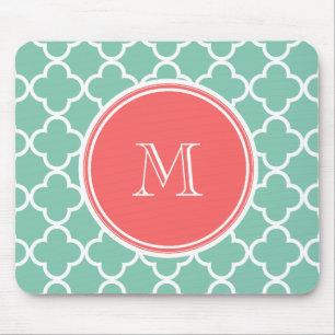 Mint Green Quatrefoil Pattern, Coral Monogram Muismat