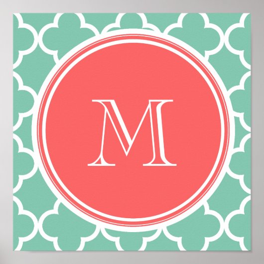 Mint Green Quatrefoil Pattern, Coral Monogram Poster (Voorkant)
