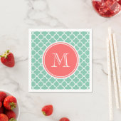 Mint Green Quatrefoil Pattern, Coral Monogram Servetten (Insitu)