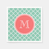 Mint Green Quatrefoil Pattern, Coral Monogram Servetten (Voorkant)
