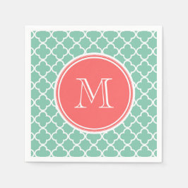 Mint Green Quatrefoil Pattern, Coral Monogram Servetten