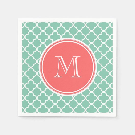Mint Green Quatrefoil Pattern, Coral Monogram Servetten (Voorkant)