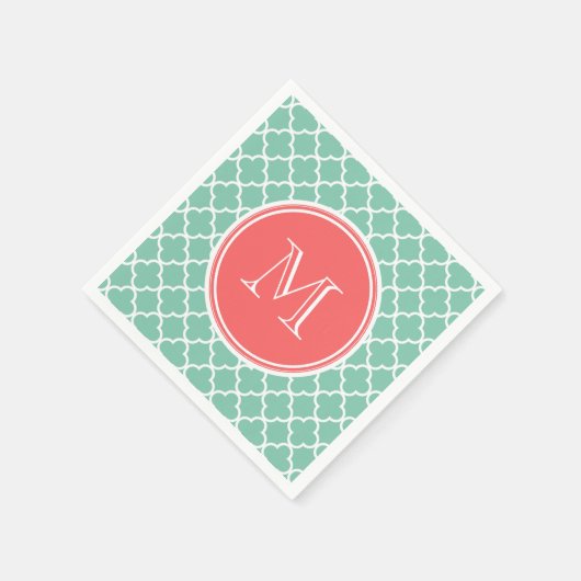 Mint Green Quatrefoil Pattern, Coral Monogram Servetten (Hoek)