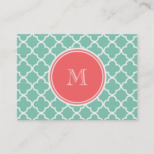 Mint Green Quatrefoil Pattern, Coral Monogram Visitekaartje