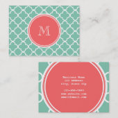 Mint Green Quatrefoil Pattern, Coral Monogram Visitekaartje (Voorkant / Achterkant)