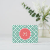 Mint Green Quatrefoil Pattern, Coral Monogram Visitekaartje (Staand voorkant)