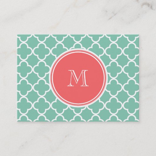Mint Green Quatrefoil Pattern, Coral Monogram Visitekaartje (Voorkant)