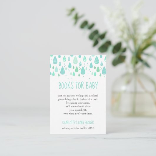 Mint Green Raindrops Boek Aanvraag Baby shower Informatiekaartje (Staand voorkant)