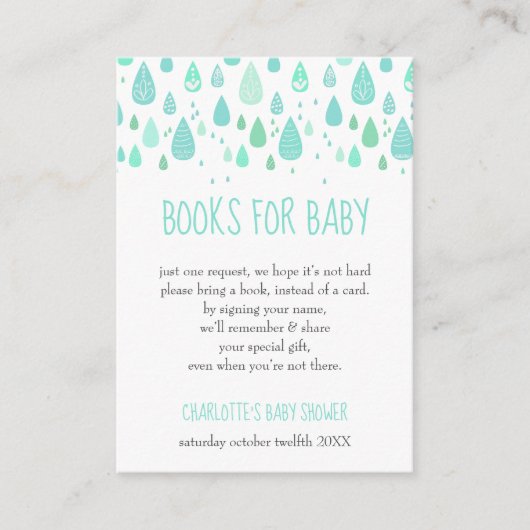 Mint Green Raindrops Boek Aanvraag Baby shower Informatiekaartje (Voorkant)