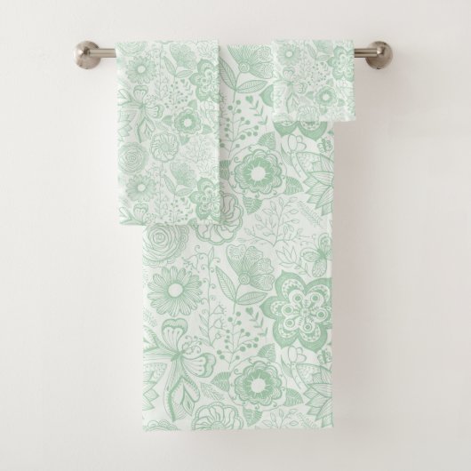 Mint-green retro flowers pattern bad handdoek (Insitu)