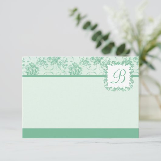 Mint Green Roos Damask Monogram Flat Card Kaart (Staand voorkant)