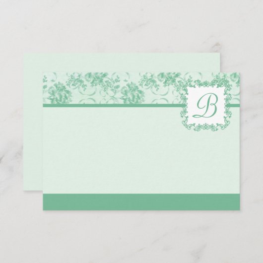 Mint Green Roos Damask Monogram Flat Card Kaart (Voorkant / Achterkant)