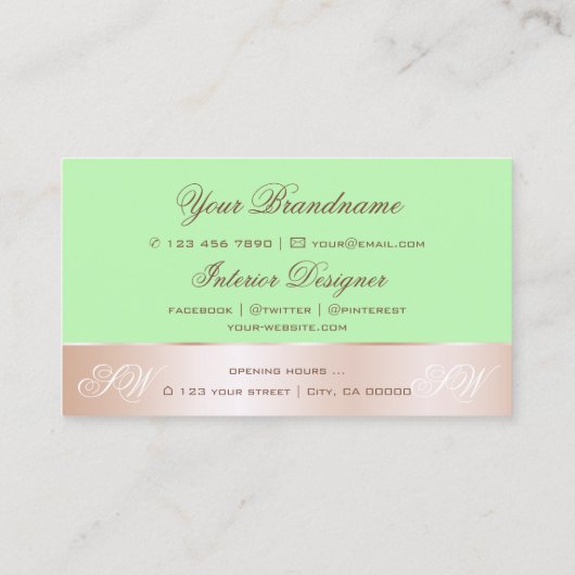 Mint Green Roos Gold Decor Flower met Initialen Visitekaartje (Achterkant)