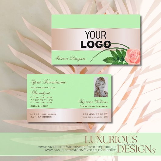 Mint Green Roos Gold Decor Flower met Logo foto Visitekaartje