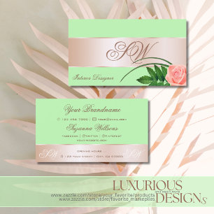 Mint Green Roos Gold Decor Flower met Monogram Visitekaartje