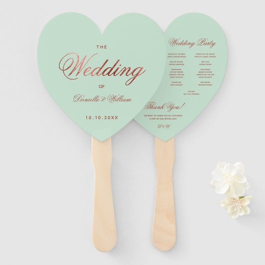 Mint Green Roos Gold Wedding Program Heart Handwaaier (Voorkant en achterkant)