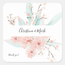 Mint Green & Roze Floral Dank u Vierkante Sticker