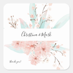 Mint Green & Roze Floral Dank u Vierkante Sticker