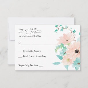 Mint Green & Roze Floral no Maal RSVP Kaartje