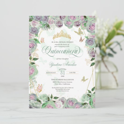 Mint Green Rozen Elegant Butterfly Quinceanera Kaart (Staand voorkant)