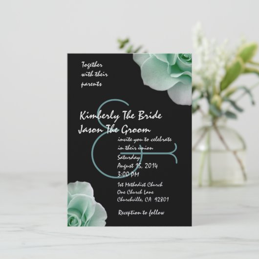 Mint Green Rozen en Black Wedding Sjabloon Kaart (Staand voorkant)