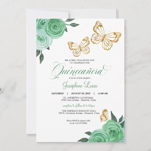Mint Green Rozen Gold Butterfly Quinceañera Floral Kaart (Voorkant)