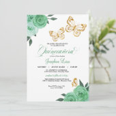 Mint Green Rozen Gold Butterfly Quinceañera Floral Kaart (Staand voorkant)