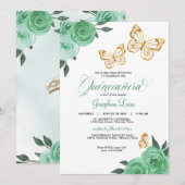 Mint Green Rozen Gold Butterfly Quinceañera Floral Kaart (Voorkant / Achterkant)