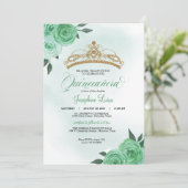 Mint Green Rozen Golden Tiara Quinceañera Birthday Kaart (Staand voorkant)
