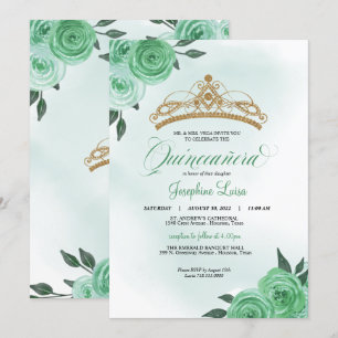 Mint Green Rozen Golden Tiara Quinceañera Birthday Kaart