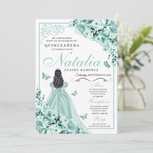 Mint Green Rozen Princess Dress Quinceanera Kaart (Staand voorkant)