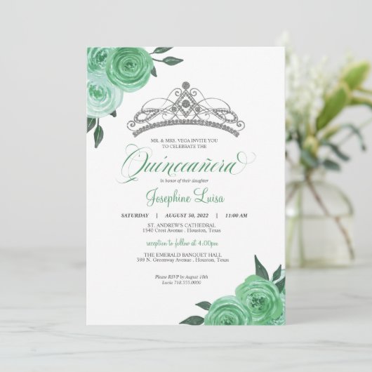 Mint Green Rozen Silver Tiara Quinceañera Birthday Kaart (Staand voorkant)