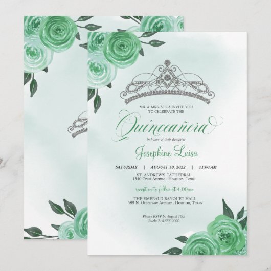 Mint Green Rozen Silver Tiara Quinceañera Birthday Kaart (Voorkant / Achterkant)