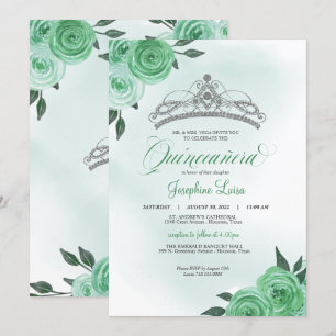 Mint Green Rozen Silver Tiara Quinceañera Birthday Kaart