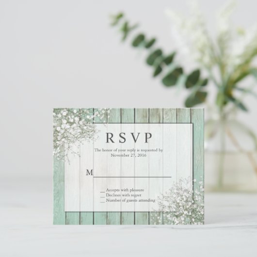 Mint Green Rustic Baby's Breath RSVP Kaartje (Staand voorkant)