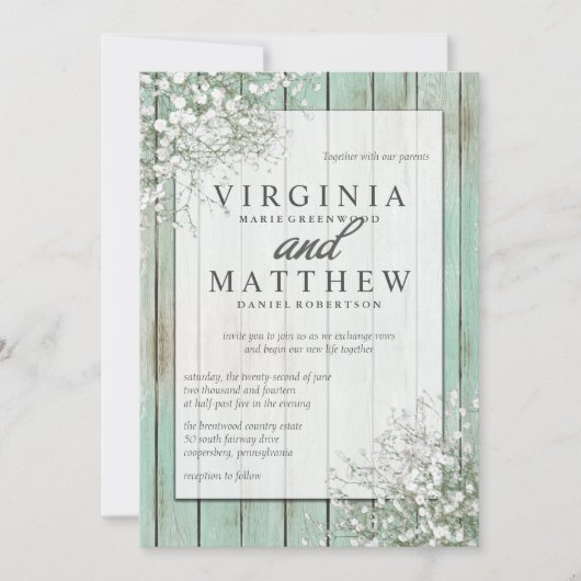 Mint Green Rustic Baby's Breath Wedding Uitnodigin Kaart (Voorkant)