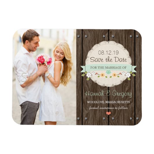 Mint Green Rustic Floral Boho Save the Date Magneet (Horizontaal)