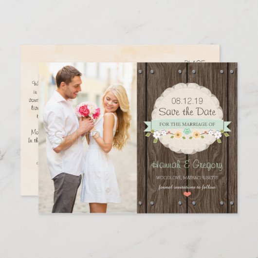 MINT GREEN RUSTIC FLORAL BOHO SLA DE DATUM OP AANKONDIGINGSKAART (Voorkant / Achterkant)