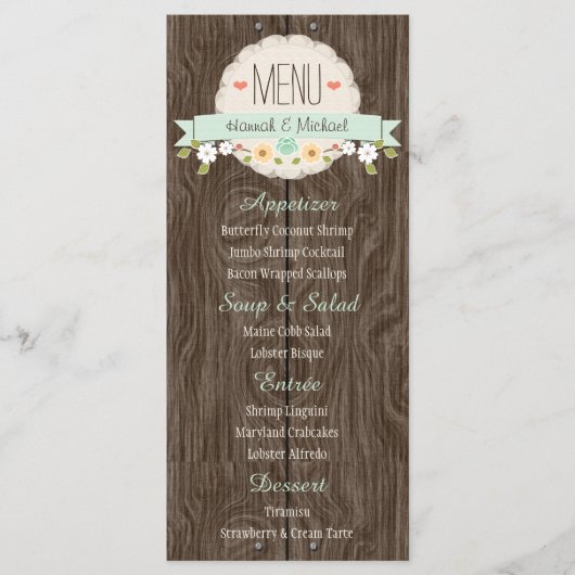 Mint Green Rustic Floral Wedding Menu Kaart (Voorkant)