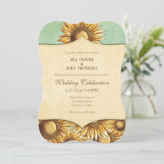 Mint Green Rustic Sunflower Wedding Uitnodiging (Staand voorkant)