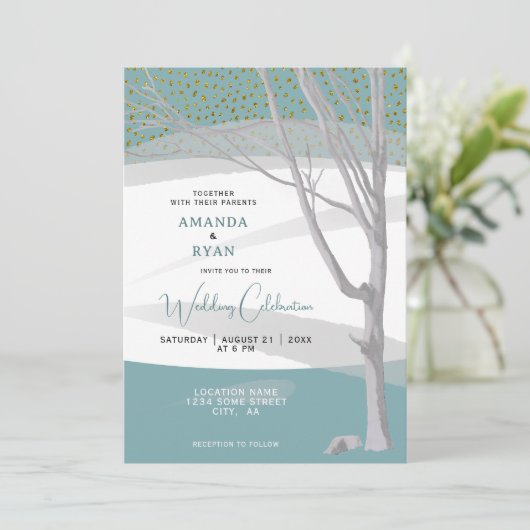 Mint Green Rustic Winter Tree Waterverf Wedding Kaart (Staand voorkant)