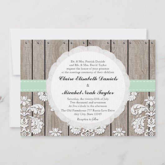 Mint Green Rustic Wood Lace Wedding Invitations Kaart (Voorkant)