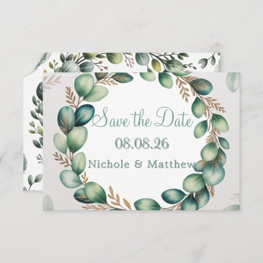 Mint Green & Sage Green Eucalyptus Wedding Save The Date (Voorkant / Achterkant)